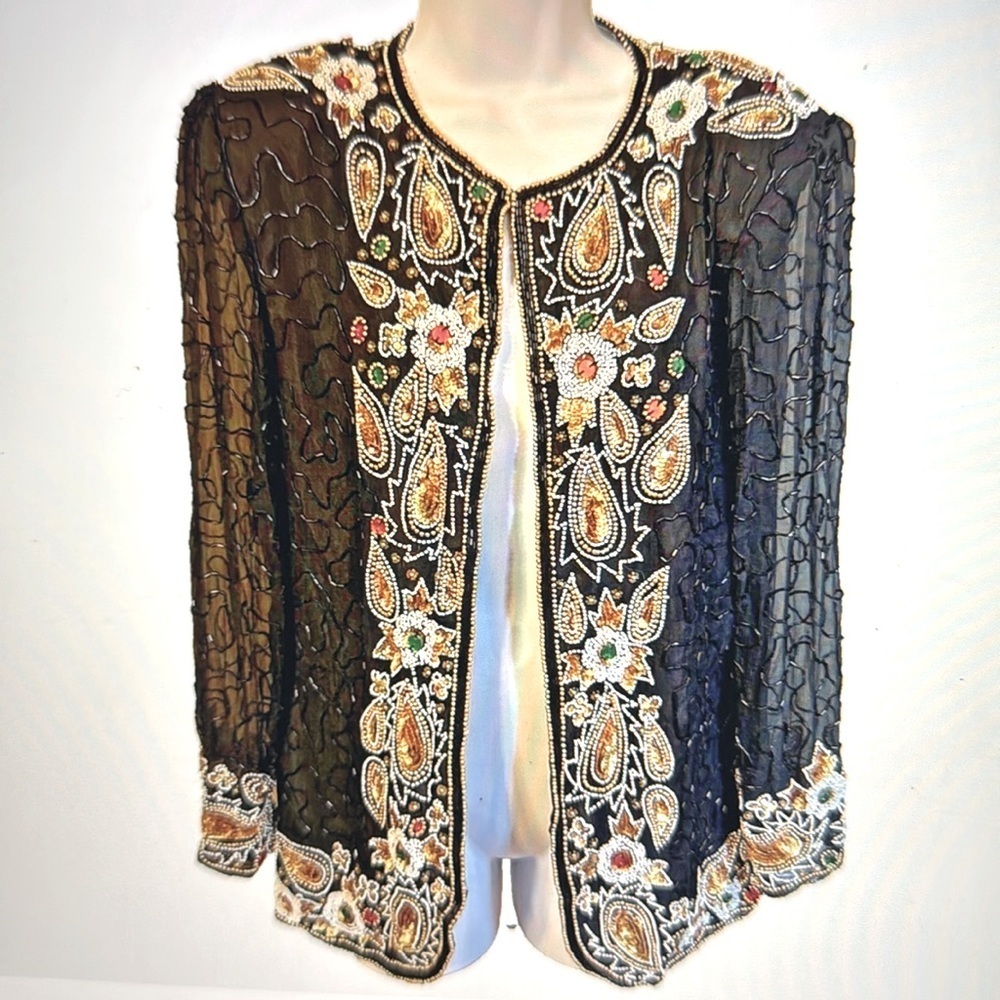 Sweelo Vintage Beaded Black Silk Chiffon Rhinestone Jacket Small